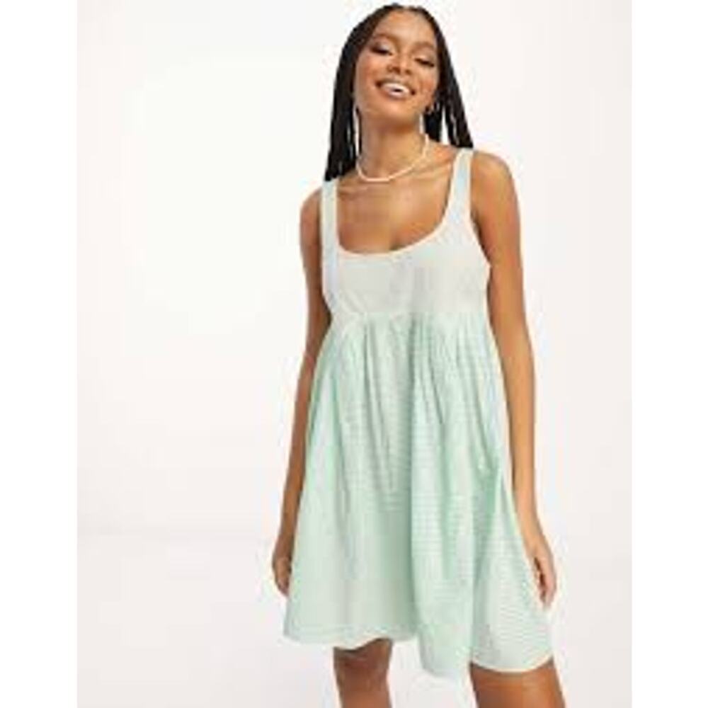 ASOS DESIGN Seersucker Gingham Babydoll Dress Light Turquoise Women’s 10 EUC